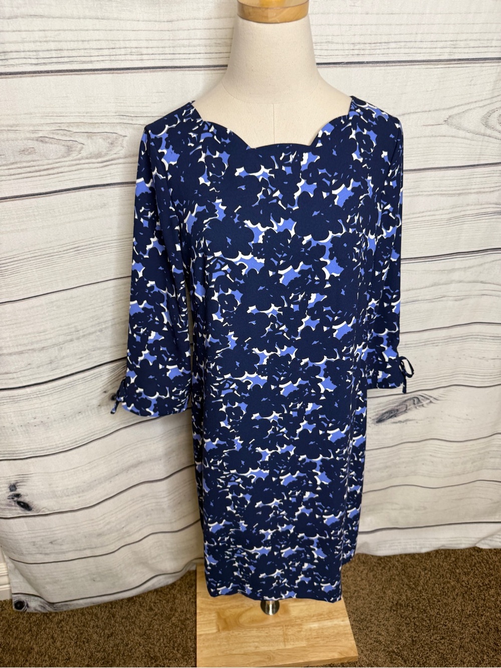 Talbots Navy and White Floral Scalloped-Neck Long Sleeve Dress
